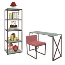 Kit Escritório Bex 1 Cadeira Suede Rose com 1 Mesa e 1 Livreiro Ferro Marrom MDF Verde Oliva - Ahazzo Móveis