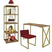 Kit Escritório Bex 1 Cadeira Suede Vermelho com 1 Mesa e 1 Livreiro Ferro Dourado MDF Imbuia - Ahazzo Móveis