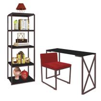 Kit Escritório Bex 1 Cadeira Suede Vermelho com 1 Mesa e 1 Livreiro Ferro Marrom MDF Preto - Ahazzo Móveis