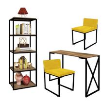 Kit Escritório Bex 2 Cadeiras material sintético Amarelo com 1 Mesa e 1 Livreiro Ferro Preto MDF Caramelo - Ahazzo Móveis