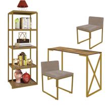 Kit Escritório Bex 2 Cadeiras material sintético Bege com 1 Mesa e 1 Livreiro Ferro Dourado MDF Caramelo - Ahazzo Móveis