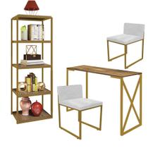 Kit Escritório Bex 2 Cadeiras material sintético Branco com 1 Mesa e 1 Livreiro Ferro Dourado MDF Rústico - Ahazzo Móveis