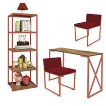 Kit Escritório Bex 2 Cadeiras material sintético Vermelho com 1 Mesa e 1 Livreiro Ferro Bronze MDF Rústico - Ahazzo Móveis