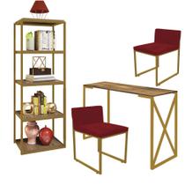 Kit Escritório Bex 2 Cadeiras material sintético Vermelho com 1 Mesa e 1 Livreiro Ferro Dourado MDF Caramelo - Ahazzo Móveis