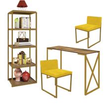 Kit Escritório Bex 2 Cadeiras Sintético Amarelo com 1 Mesa e 1 Livreiro Ferro Dourado MDF Rústico - Ahazzo Móveis