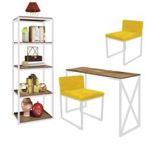 Kit Escritório Bex 2 Cadeiras Suede Amarelo com 1 Mesa e 1 Livreiro Ferro Branco MDF Caramelo - Ahazzo Móveis