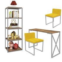 Kit Escritório Bex 2 Cadeiras Suede Amarelo com 1 Mesa e 1 Livreiro Ferro Cinza MDF Caramelo - Ahazzo Móveis