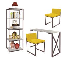 Kit Escritório Bex 2 Cadeiras Suede Amarelo com 1 Mesa e 1 Livreiro Ferro Marrom MDF Marmorizado Cinza - Ahazzo Móveis