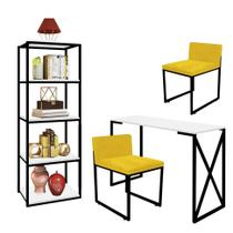 Kit Escritório Bex 2 Cadeiras Suede Amarelo com 1 Mesa e 1 Livreiro Ferro Preto MDF Branco - Ahazzo Móveis