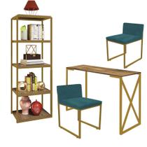 Kit Escritório Bex 2 Cadeiras Suede Azul Turquesa com 1 Mesa e 1 Livreiro Ferro Dourado MDF Castanho - Ahazzo Móveis