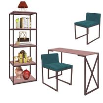 Kit Escritório Bex 2 Cadeiras Suede Azul Turquesa com 1 Mesa e 1 Livreiro Ferro Marrom MDF Rose Rosa - Ahazzo Móveis