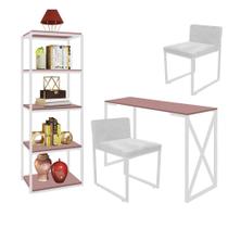 Kit Escritório Bex 2 Cadeiras Suede Branco com 1 Mesa e 1 Livreiro Ferro Branco MDF Rose Rosa - Ahazzo Móveis