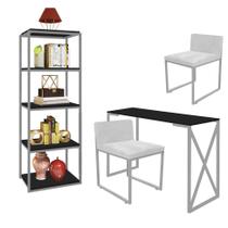 Kit Escritório Bex 2 Cadeiras Suede Branco com 1 Mesa e 1 Livreiro Ferro Cinza MDF Preto - Ahazzo Móveis