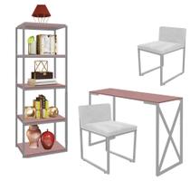 Kit Escritório Bex 2 Cadeiras Suede Branco com 1 Mesa e 1 Livreiro Ferro Cinza MDF Rose Rosa - Ahazzo Móveis