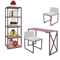 Kit Escritório Bex 2 Cadeiras Suede Branco com 1 Mesa e 1 Livreiro Ferro Marrom MDF Rose Rosa - Ahazzo Móveis