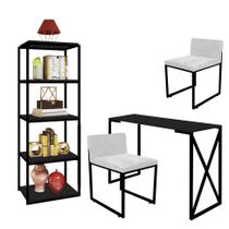 Kit Escritório Bex 2 Cadeiras Suede Branco com 1 Mesa e 1 Livreiro Ferro Preto MDF Preto - Ahazzo Móveis