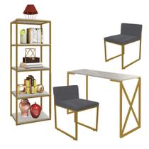 Kit Escritório Bex 2 Cadeiras Suede Cinza com 1 Mesa e 1 Livreiro Ferro Dourado MDF Marmorizado Cinza - Ahazzo Móveis