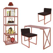 Kit Escritório Bex 2 Cadeiras Suede Marrom com 1 Mesa e 1 Livreiro Ferro Bronze MDF Rose Rosa - Ahazzo Móveis