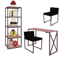 Kit Escritório Bex 2 Cadeiras Suede Preto com 1 Mesa e 1 Livreiro Ferro Marrom MDF Rose Rosa - Ahazzo Móveis