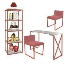 Kit Escritório Bex 2 Cadeiras Suede Rose com 1 Mesa e 1 Livreiro Ferro Bronze MDF Marmorizado Cinza - Ahazzo Móveis