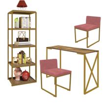 Kit Escritório Bex 2 Cadeiras Suede Rose com 1 Mesa e 1 Livreiro Ferro Dourado MDF Demolição - Ahazzo Móveis