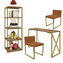 Kit Escritório Bex 2 Cadeiras Suede Terracota com 1 Mesa e 1 Livreiro Ferro Dourado MDF Rústico - Ahazzo Móveis