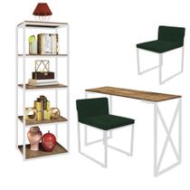 Kit Escritório Bex 2 Cadeiras Suede Verde com 1 Mesa e 1 Livreiro Ferro Branco MDF Castanho - Ahazzo Móveis