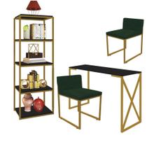 Kit Escritório Bex 2 Cadeiras Suede Verde com 1 Mesa e 1 Livreiro Ferro Dourado MDF Preto - Ahazzo Móveis