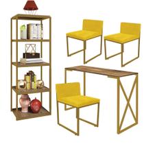 Kit Escritório Bex 3 Cadeiras material sintético Amarelo com 1 Mesa e 1 Livreiro Ferro Dourado MDF Caramelo - Ahazzo Móveis