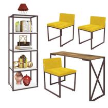 Kit Escritório Bex 3 Cadeiras material sintético Amarelo com 1 Mesa e 1 Livreiro Ferro Marrom MDF Imbuia - Ahazzo Móveis