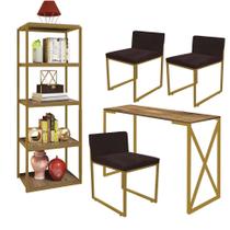 Kit Escritório Bex 3 Cadeiras Sintético Marrom com 1 Mesa e 1 Livreiro Ferro Dourado MDF Demolição - Ahazzo Móveis