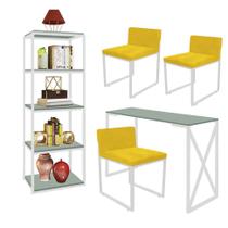 Kit Escritório Bex 3 Cadeiras Suede Amarelo com 1 Mesa e 1 Livreiro Ferro Branco MDF Verde Oliva - Ahazzo Móveis