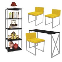 Kit Escritório Bex 3 Cadeiras Suede Amarelo com 1 Mesa e 1 Livreiro Ferro Cinza MDF Preto - Ahazzo Móveis