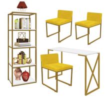 Kit Escritório Bex 3 Cadeiras Suede Amarelo com 1 Mesa e 1 Livreiro Ferro Dourado MDF Branco - Ahazzo Móveis