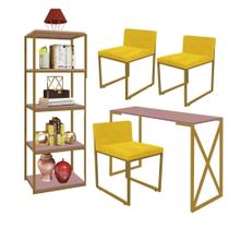 Kit Escritório Bex 3 Cadeiras Suede Amarelo com 1 Mesa e 1 Livreiro Ferro Dourado MDF Rose Rosa - Ahazzo Móveis