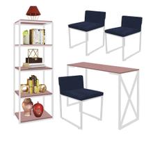 Kit Escritório Bex 3 Cadeiras Suede Azul Marinho com 1 Mesa e 1 Livreiro Ferro Branco MDF Rose Rosa - Ahazzo Móveis