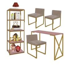 Kit Escritório Bex 3 Cadeiras Suede Bege com 1 Mesa e 1 Livreiro Ferro Dourado MDF Rose Rosa - Ahazzo Móveis