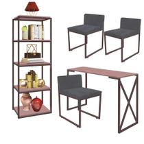 Kit Escritório Bex 3 Cadeiras Suede Cinza com 1 Mesa e 1 Livreiro Ferro Marrom MDF Rose Rosa - Ahazzo Móveis