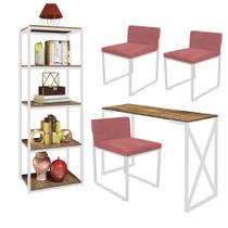 Kit Escritório Bex 3 Cadeiras Suede Rose com 1 Mesa e 1 Livreiro Ferro Branco MDF Imbuia - Ahazzo Móveis