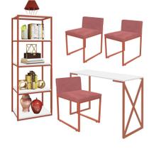 Kit Escritório Bex 3 Cadeiras Suede Rose com 1 Mesa e 1 Livreiro Ferro Bronze MDF Branco - Ahazzo Móveis