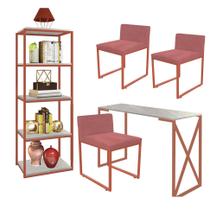 Kit Escritório Bex 3 Cadeiras Suede Rose com 1 Mesa e 1 Livreiro Ferro Bronze MDF Marmorizado Cinza - Ahazzo Móveis