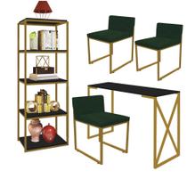 Kit Escritório Bex 3 Cadeiras Suede Verde com 1 Mesa e 1 Livreiro Ferro Dourado MDF Preto - Ahazzo Móveis