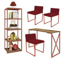 Kit Escritório Bex 3 Cadeiras Suede Vermelho com 1 Mesa e 1 Livreiro Ferro Bronze MDF Rústico - Ahazzo Móveis