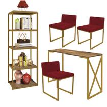 Kit Escritório Bex 3 Cadeiras Suede Vermelho com 1 Mesa e 1 Livreiro Ferro Dourado MDF Rústico - Ahazzo Móveis