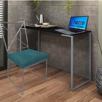 Kit Escritório Clark Cadeira e Mesa Industrial Ferro Cinza Tampo MDF Preto Suede Azul Turquesa - Ahazzo Móveis