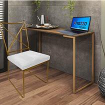 Kit Escritório Clark Cadeira e Mesa Industrial Ferro Dourado Tampo MDF Imbuia Suede Branco - Ahz Móveis