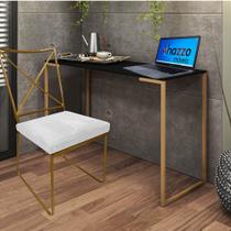 Kit Escritório Clark Cadeira e Mesa Industrial Ferro Dourado Tampo MDF Preto material sintético Branco - Ahazzo Móveis