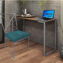 Kit Escritório Clark Cadeira e Mesa Industrial Ferro Prata Tampo MDF Freijó Suede Azul Turquesa - Ahazzo Móveis