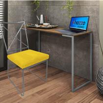 Kit Escritório Clark Cadeira e Mesa Industrial Ferro Prata Tampo MDF Imbuia Suede Amarelo - Ahazzo Móveis