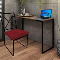 Kit Escritório Clark Cadeira e Mesa Industrial Ferro Preto Tampo MDF Caramelo Suede Vermelho - Ahz Móveis